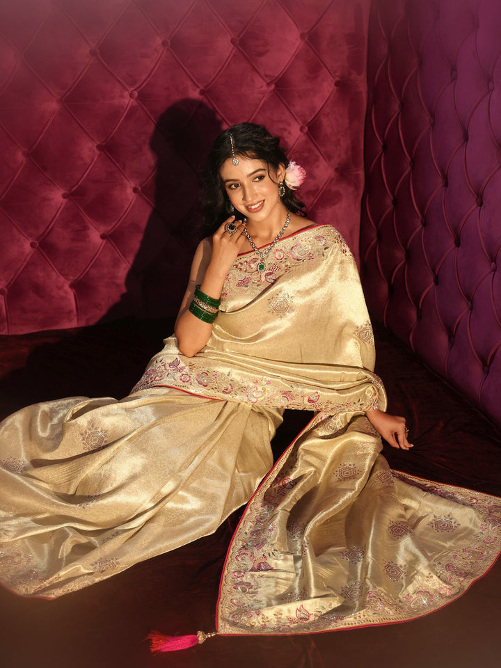 Libas Art Golden Woven Design Silk Blend Saree with Embroidered Border