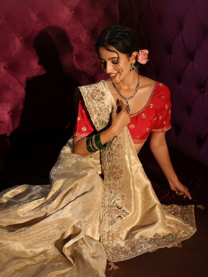 Libas Art Golden Woven Design Silk Blend Saree with Embroidered Border