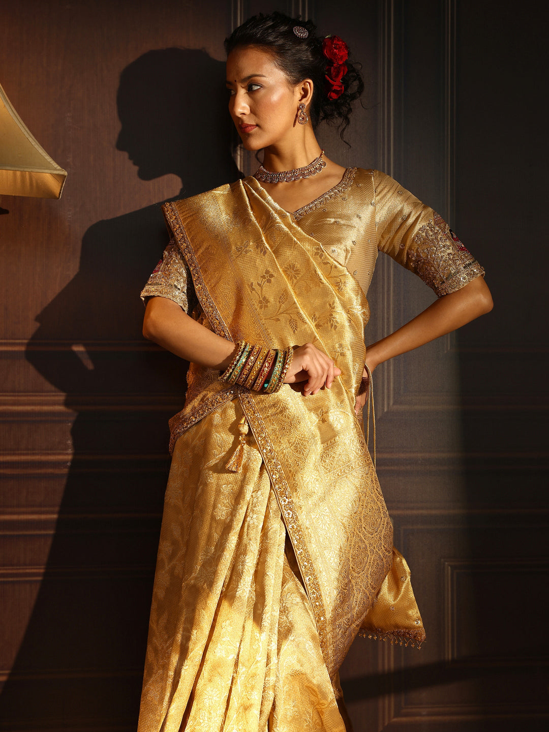 Libas Art Golden Woven Design Silk Blend Saree with Potli Bag