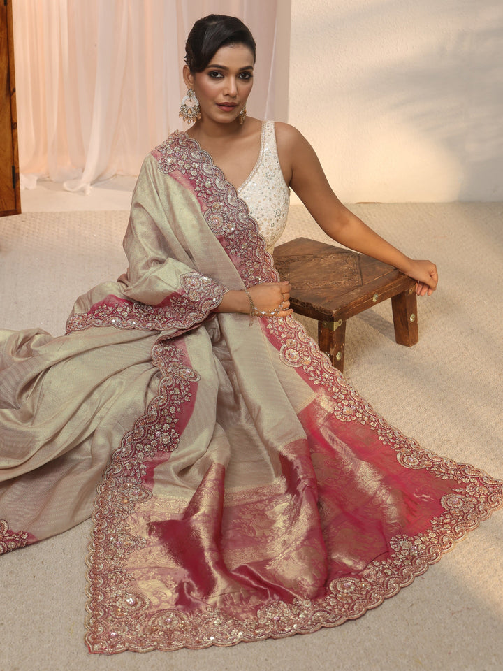 Libas Art Golden Woven Design Tissue Saree with Embellished Border
