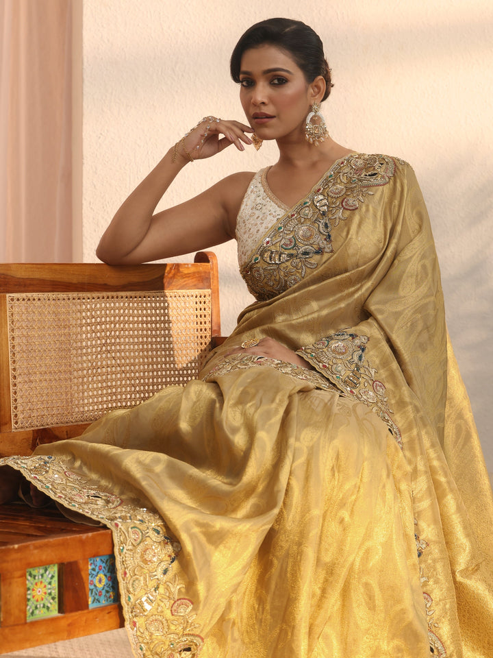 Libas Art Golden Woven Design Tissue Saree with Embellished Border