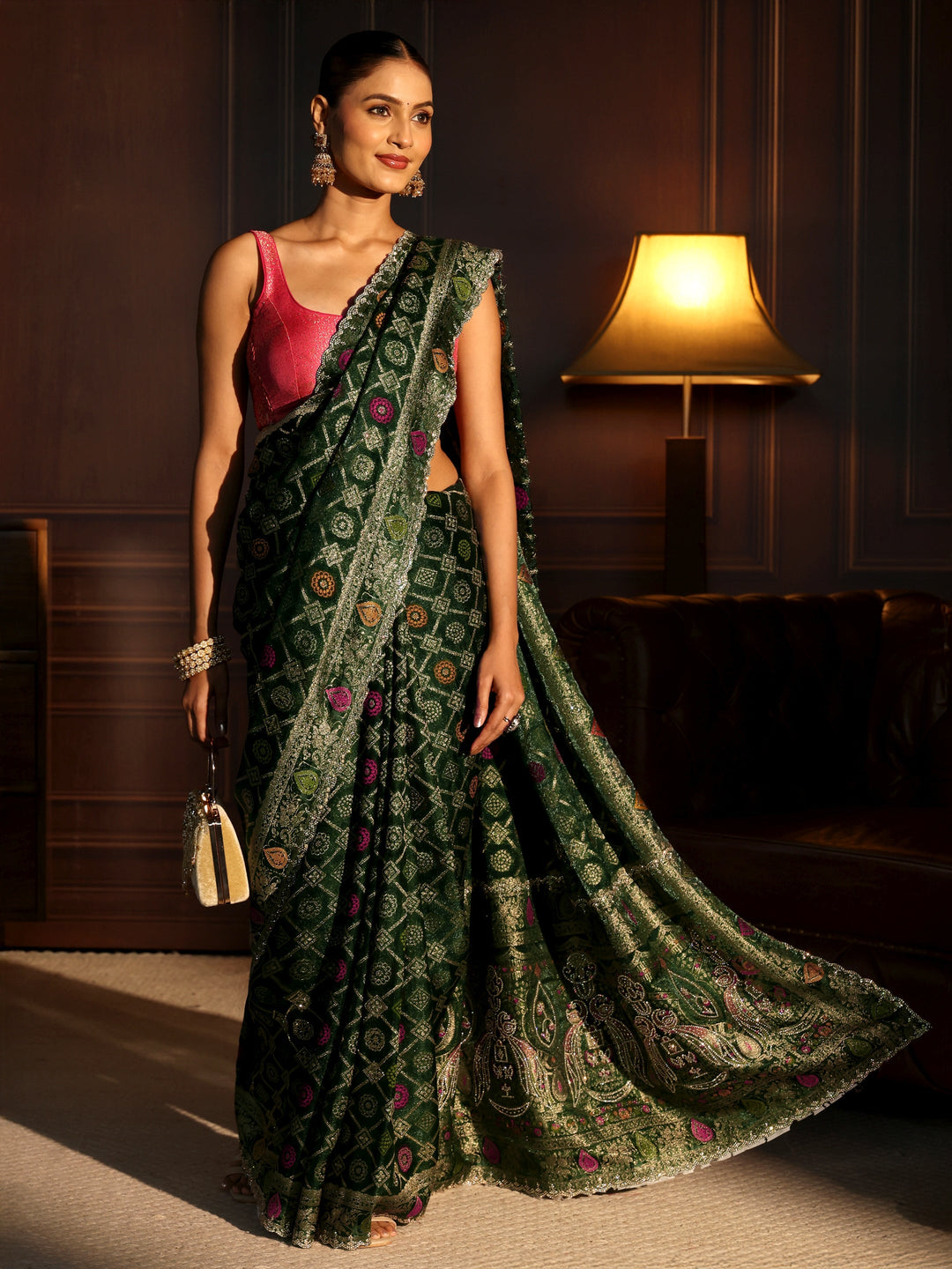 Libas Art Green Bandhani Stone Work Chiffon Saree