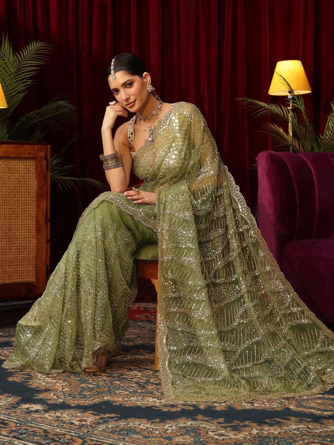 Libas Art Green Bead and Sequin Embellished Net Saree