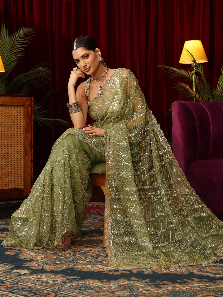 Libas Art Green Bead and Sequin Embellished Net Saree