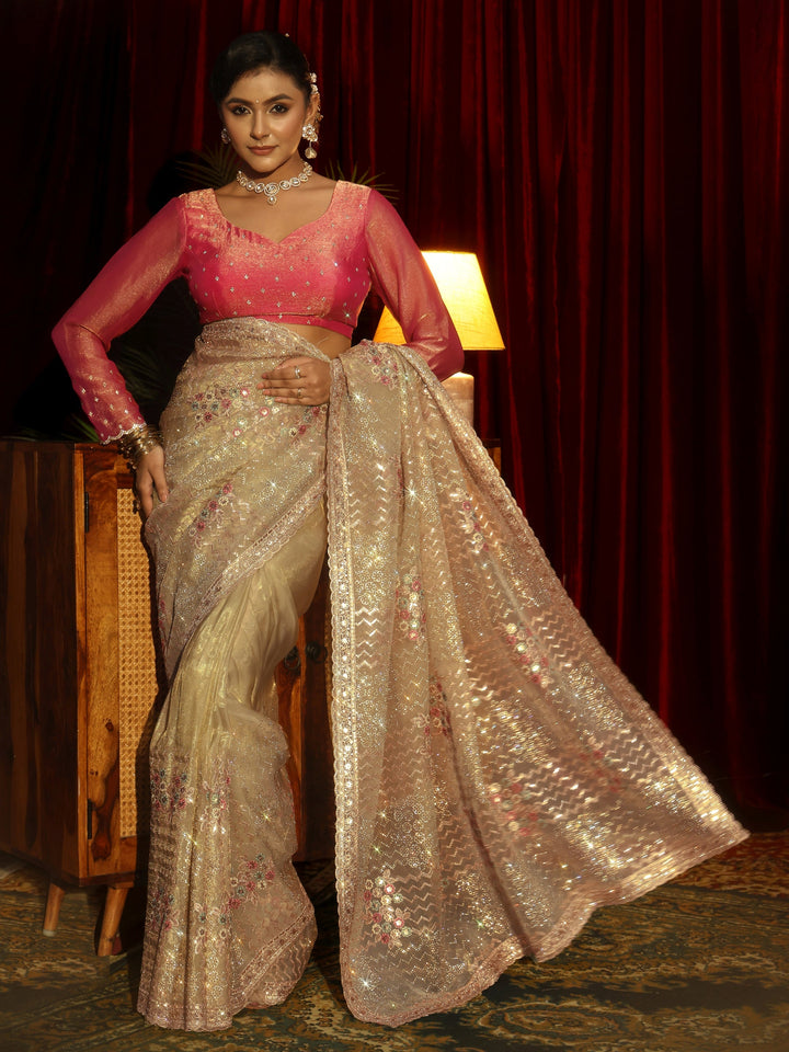 Libas Art Green Chevron Sequin Embellished Tissue Saree
