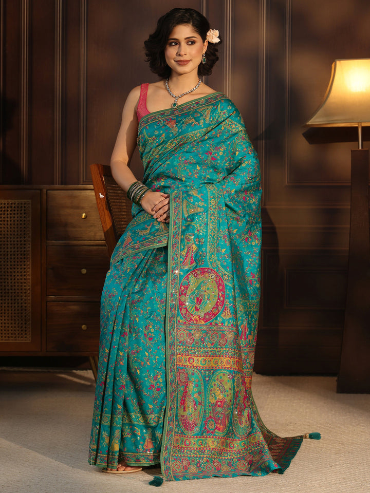 Libas Art Green Embellished Mughal Design Silk Blend Saree