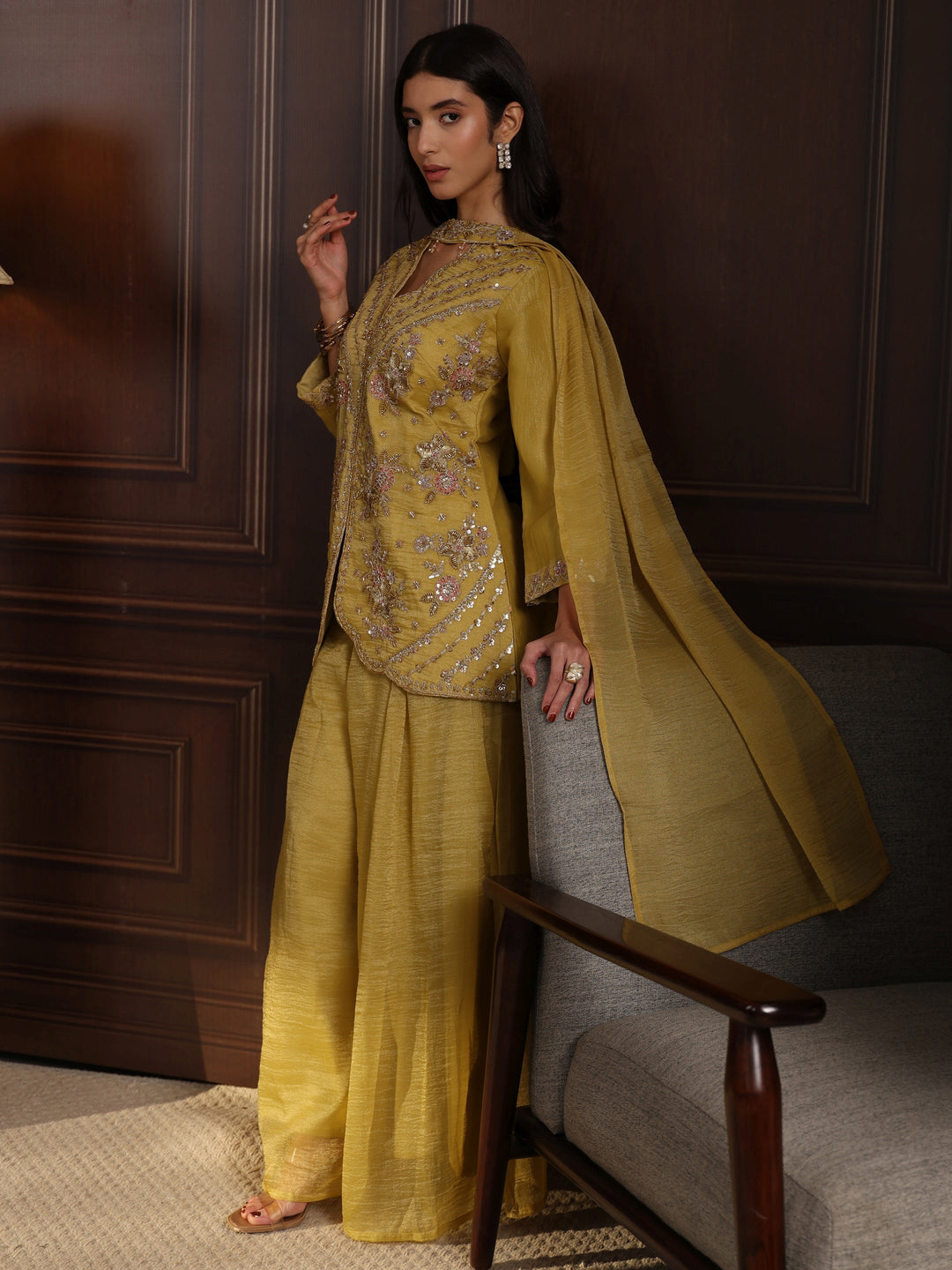 Libas Art Green Embellished Top and Palazzo Tissue Co-Ord Set