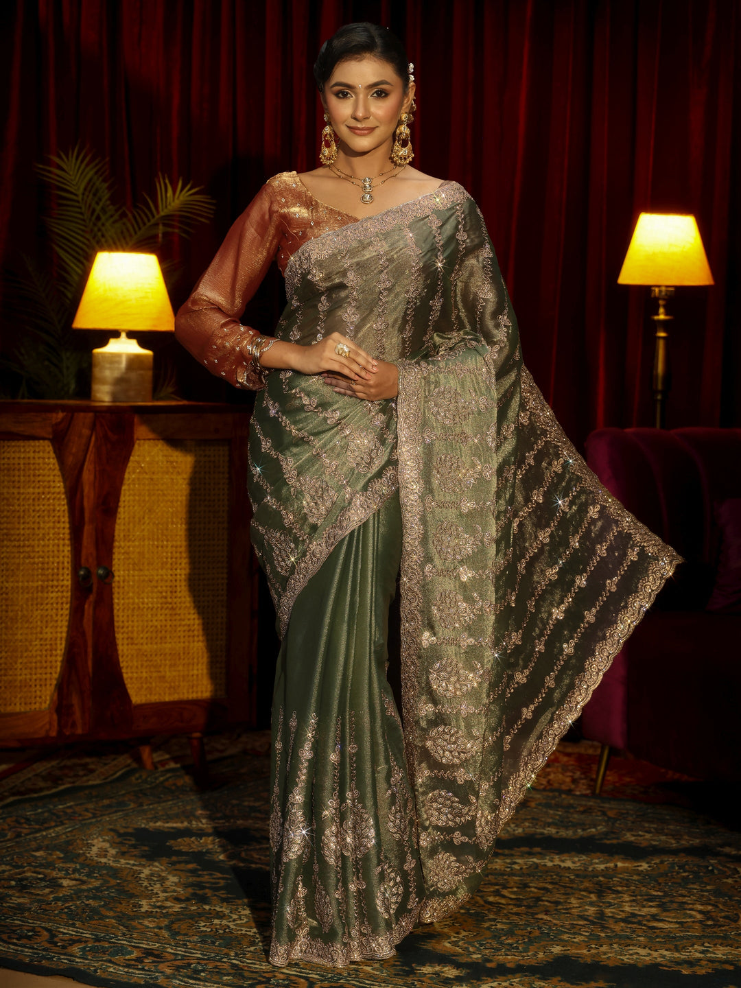 Libas Art Green Embroidered Tissue Saree