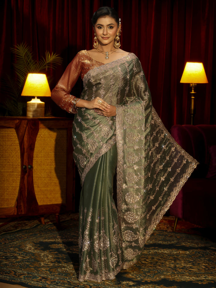Libas Art Green Embroidered Tissue Saree