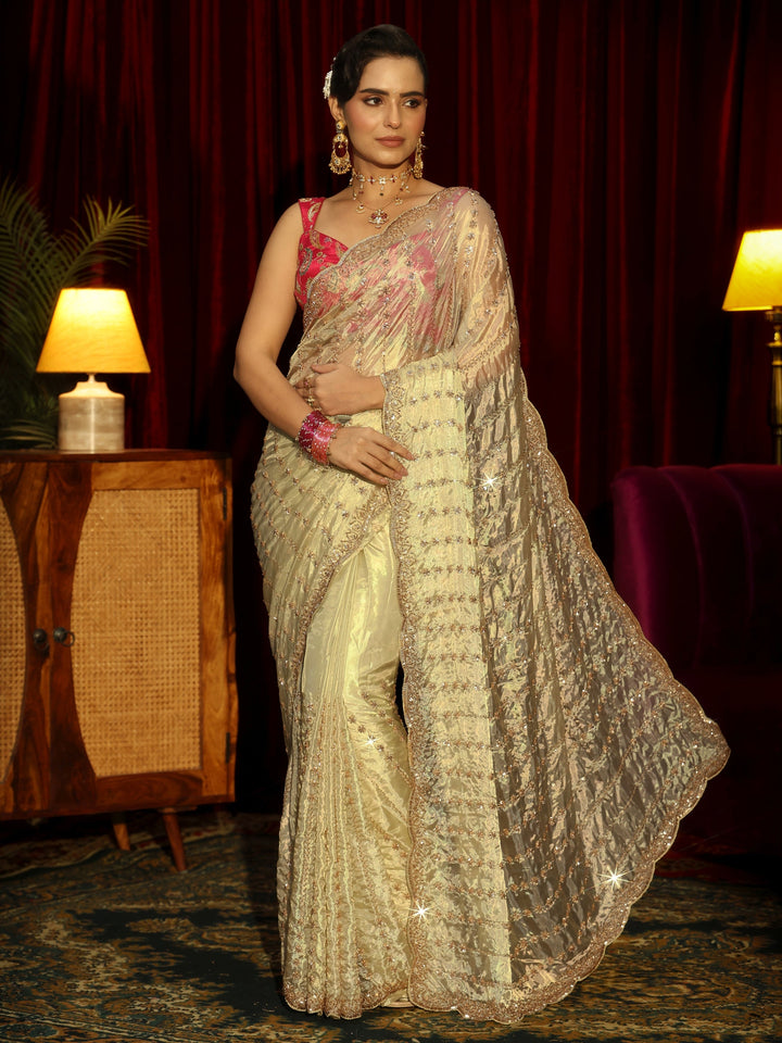 Libas Art Green Embroidered Tissue Saree