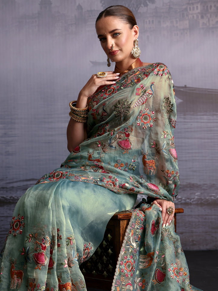 Libas Art Green Ethnic Embroidered Stone Work Tissue Saree