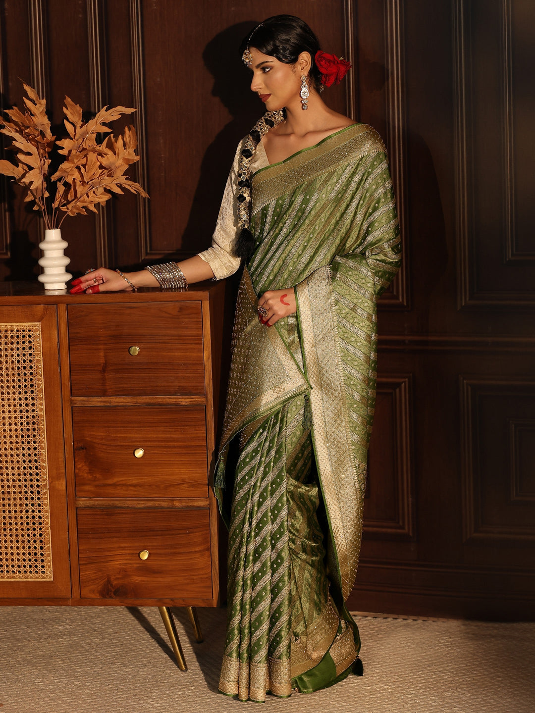 Libas Art Green Ethnic Striped Satin Saree with Stone Work