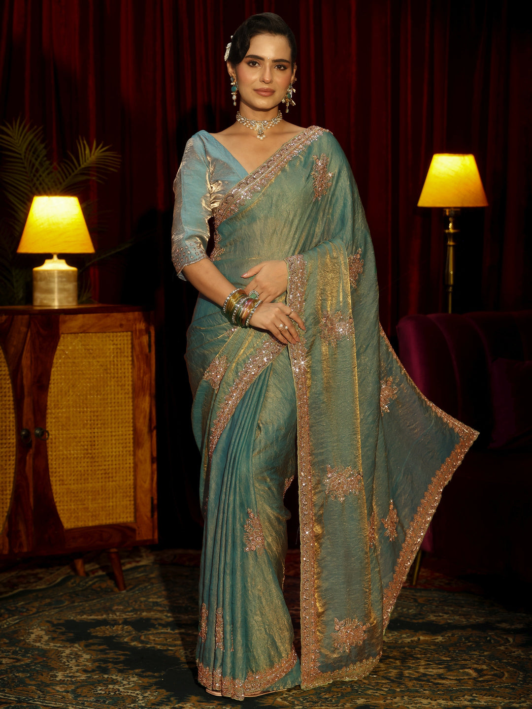 Libas Art Green Floral Embellished Tissue Saree