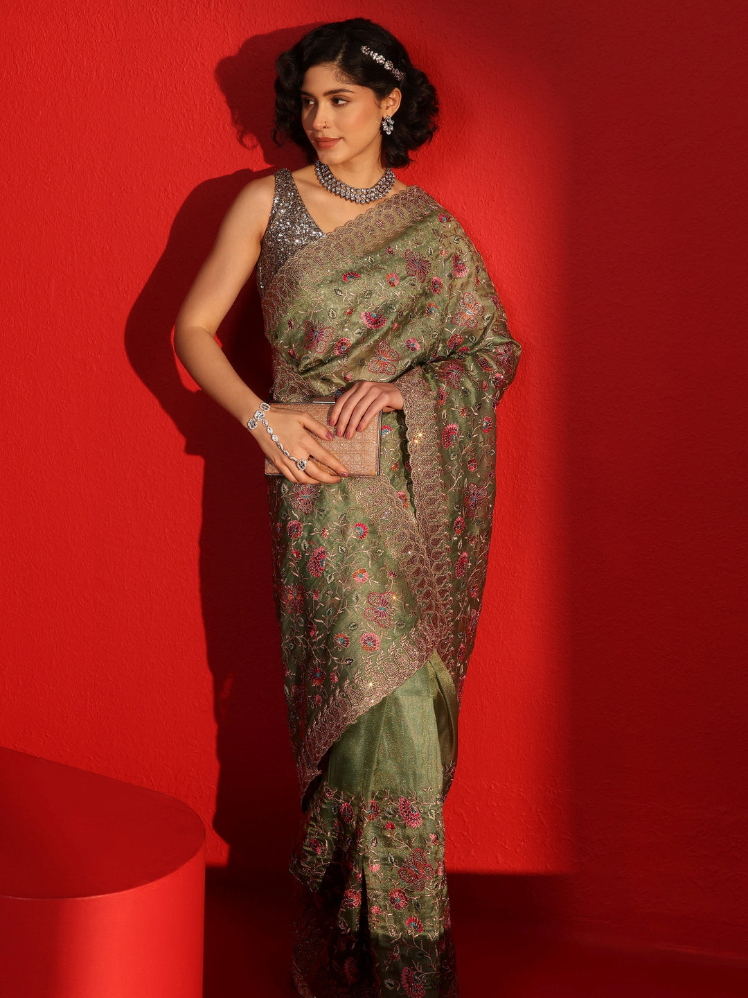 Libas Art Green Floral Embroidered Net Saree With Stone Work
