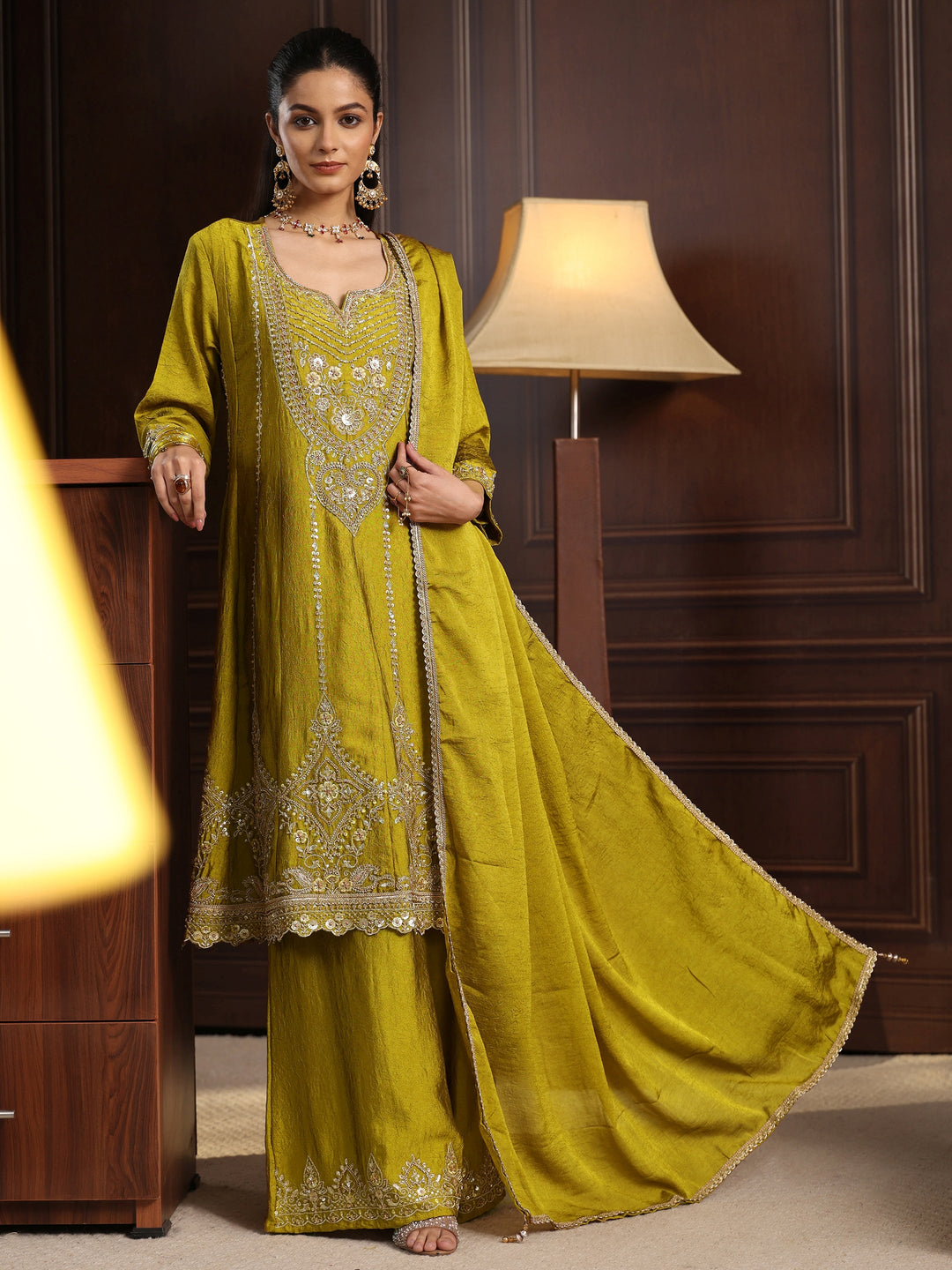 Libas Art Green Floral Embroidered Silk Blend Palazzo Suit Set
