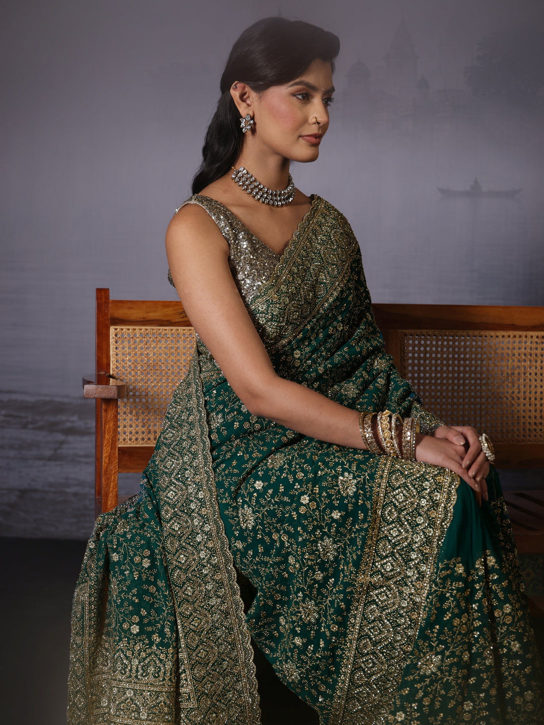 Libas Art Green Floral Embroidered Stone Work Georgette Saree