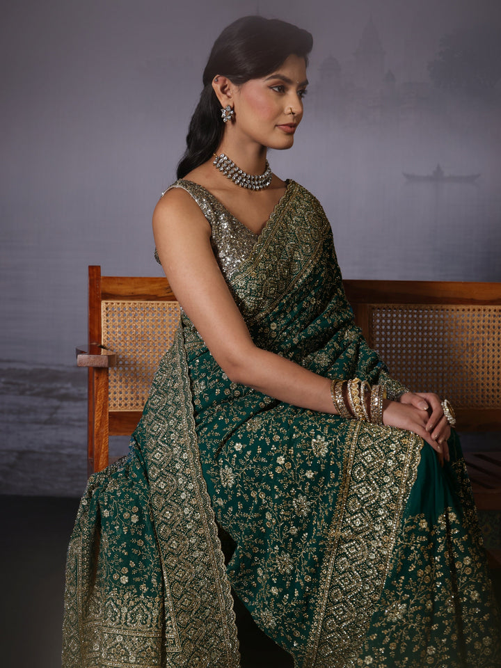 Libas Art Green Floral Embroidered Stone Work Georgette Saree