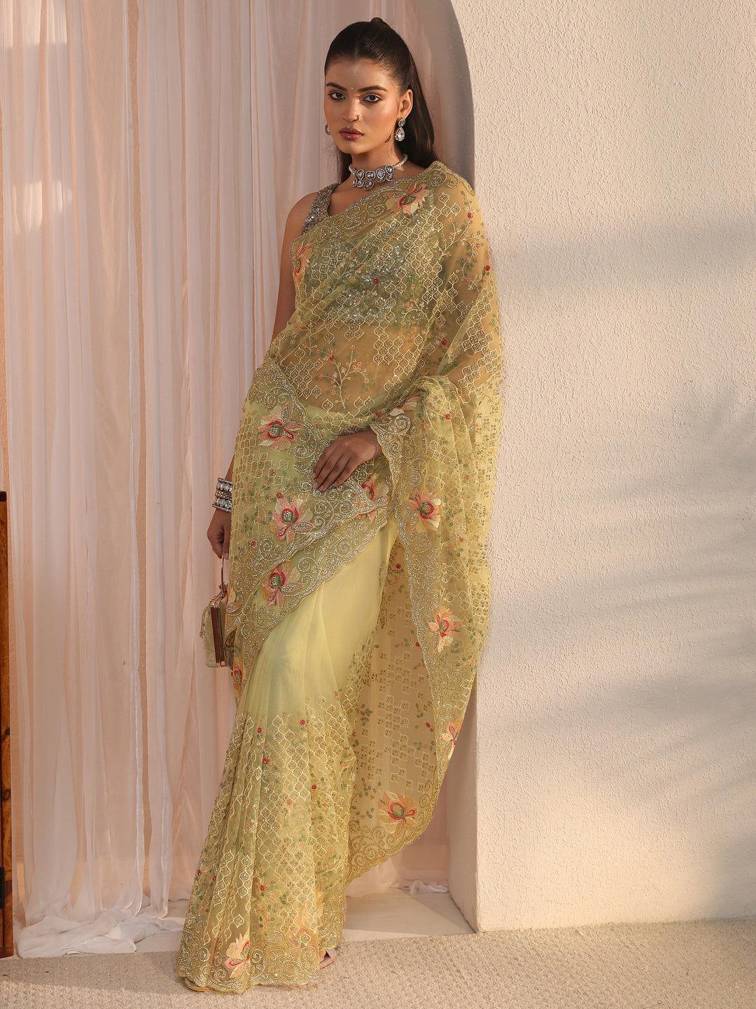 Libas Art Green Floral Embroidered Stone Work Net Saree