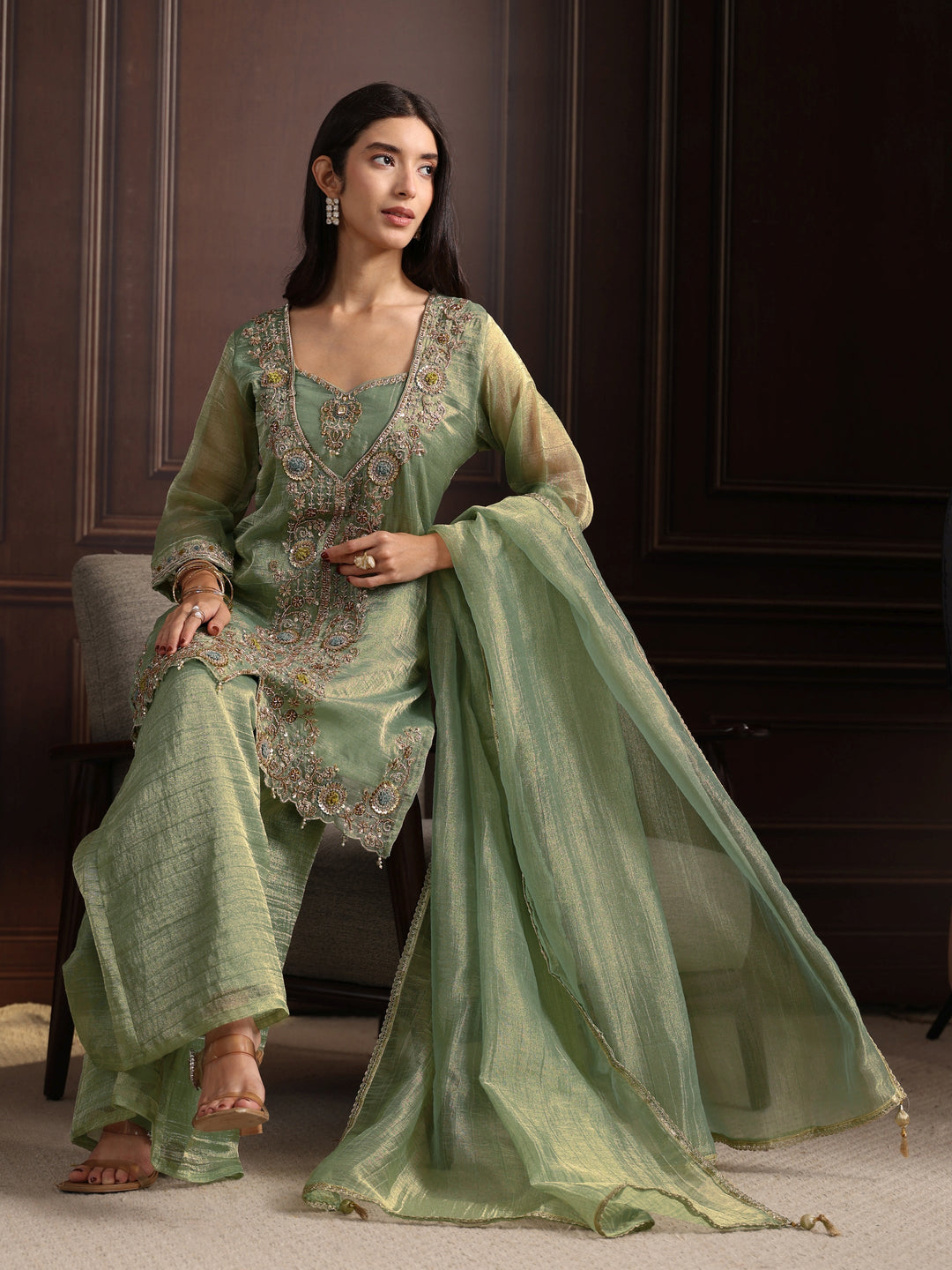 Libas Art Green Floral Embroidered Tissue Palazzo Suit Set