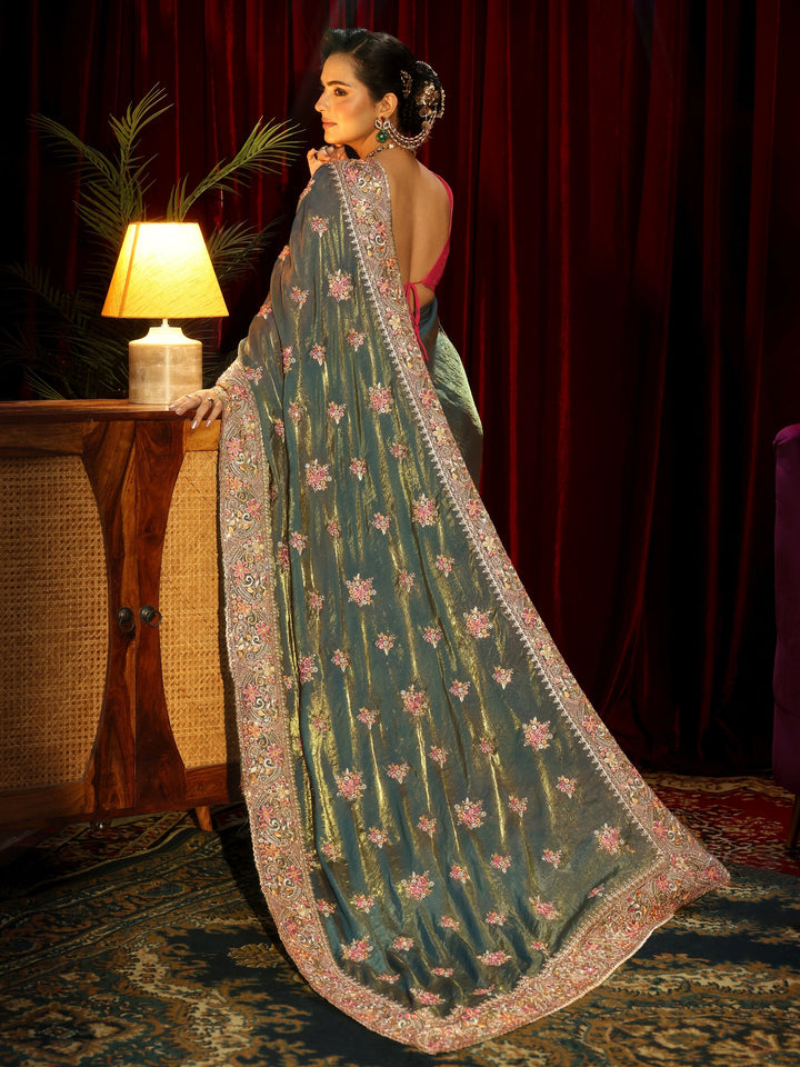 Libas Art Green Floral Embroidered Tissue Saree