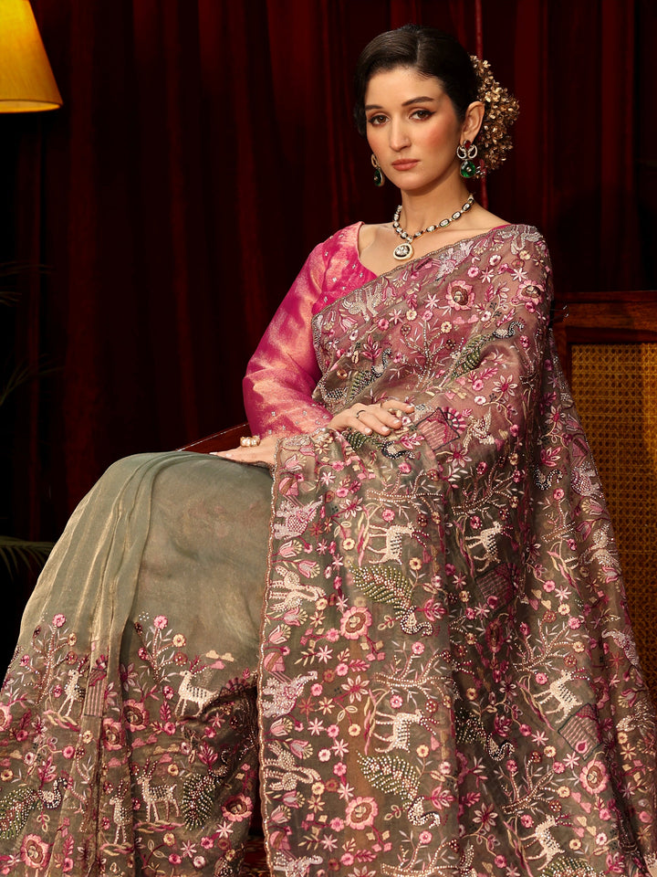 Libas Art Green Floral Embroidered Tissue Saree