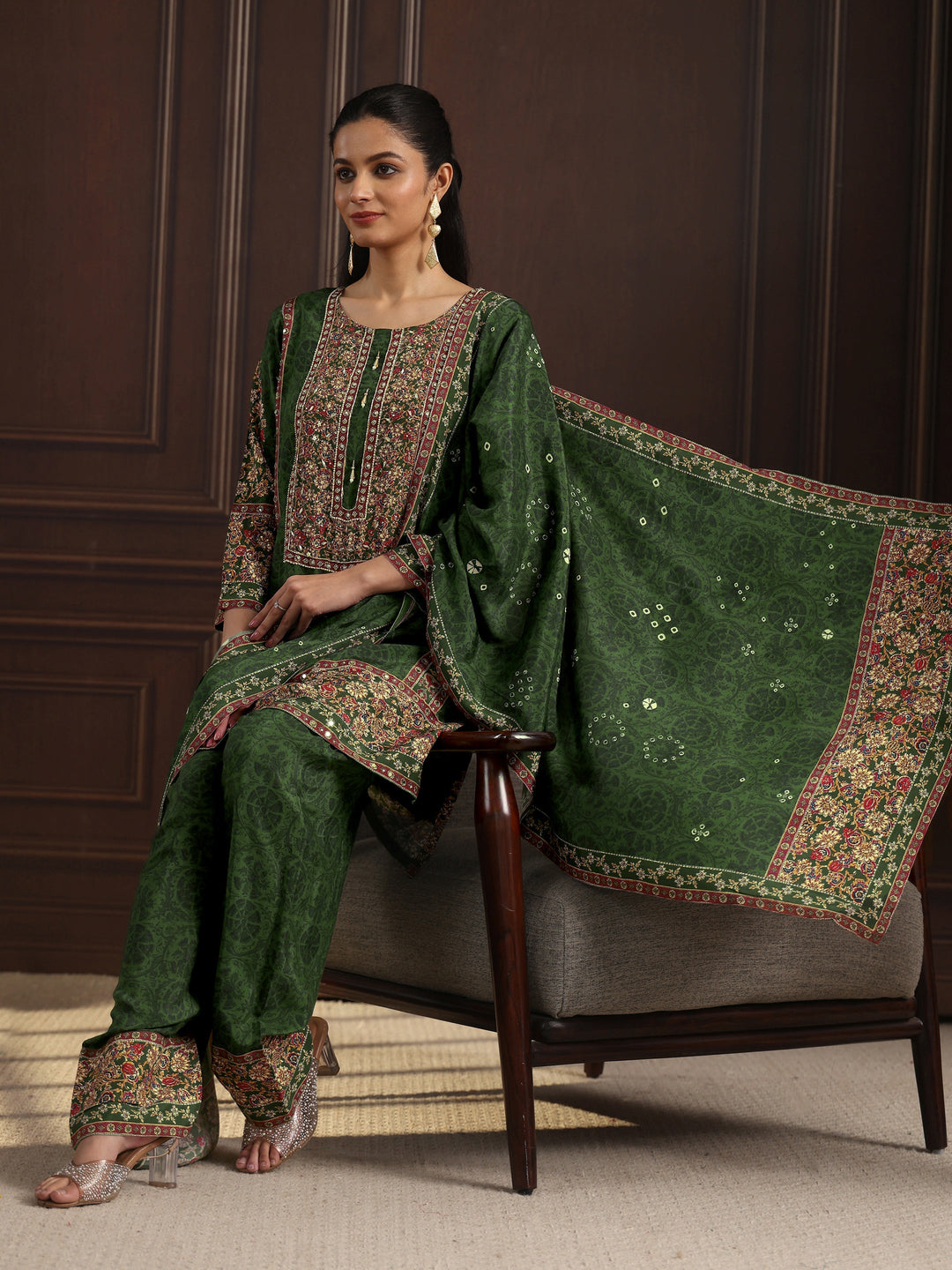 Libas Art Green Floral Printed Muslin Farshi Salwar Suit