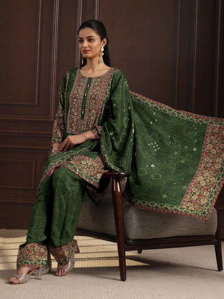 Libas Art Green Floral Printed Muslin Farshi Salwar Suit
