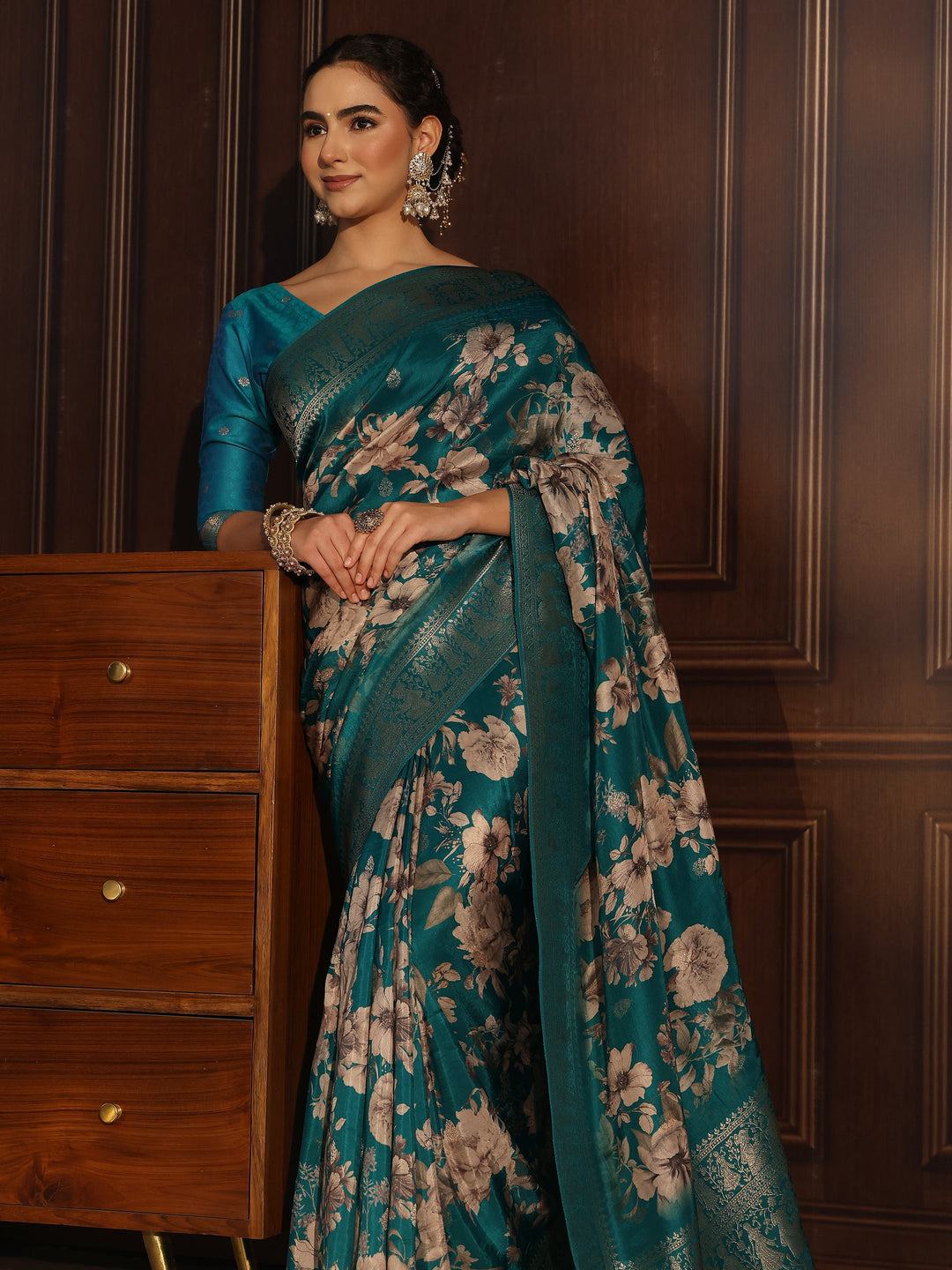 Libas Art Green Floral Printed Silk Blend Saree with Woven Border