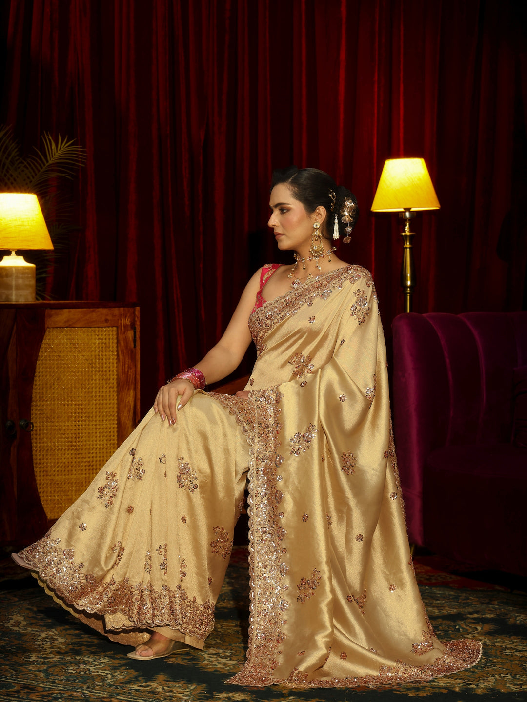 Libas Art Green Floral Sequins Embellished Tissue Saree