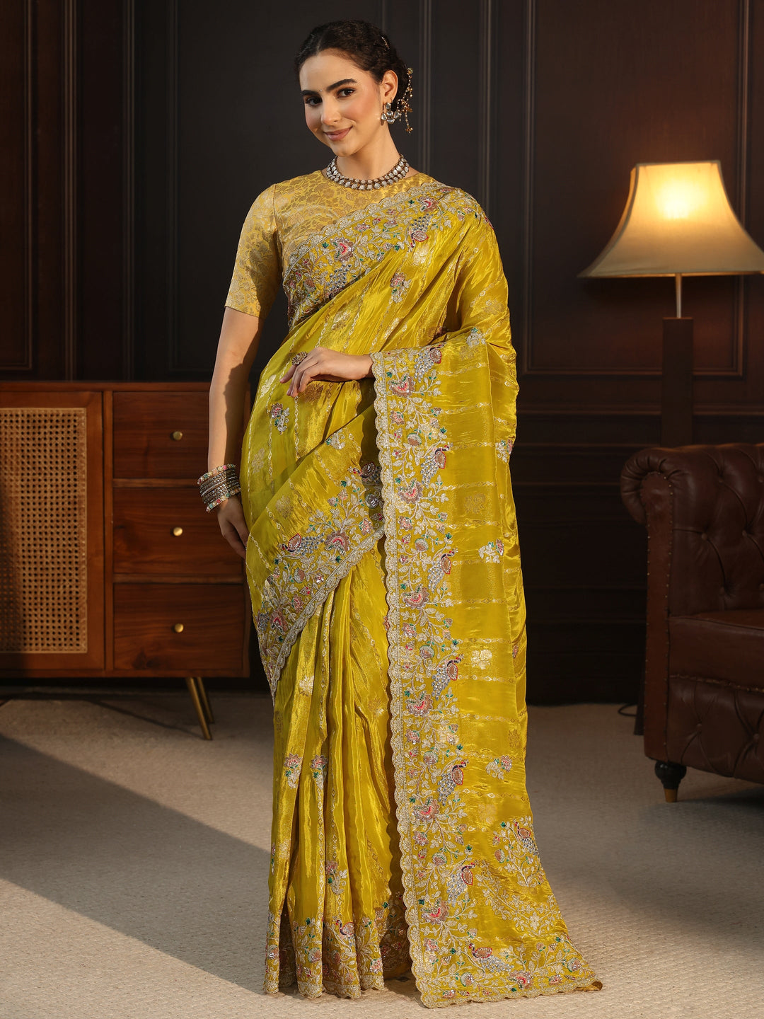 Libas Art Green Floral Stone Work Embellished Silk Blend Saree