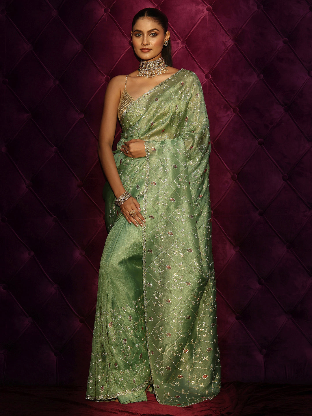 Libas Art Green Floral Stone Work Embellished Tissue Saree