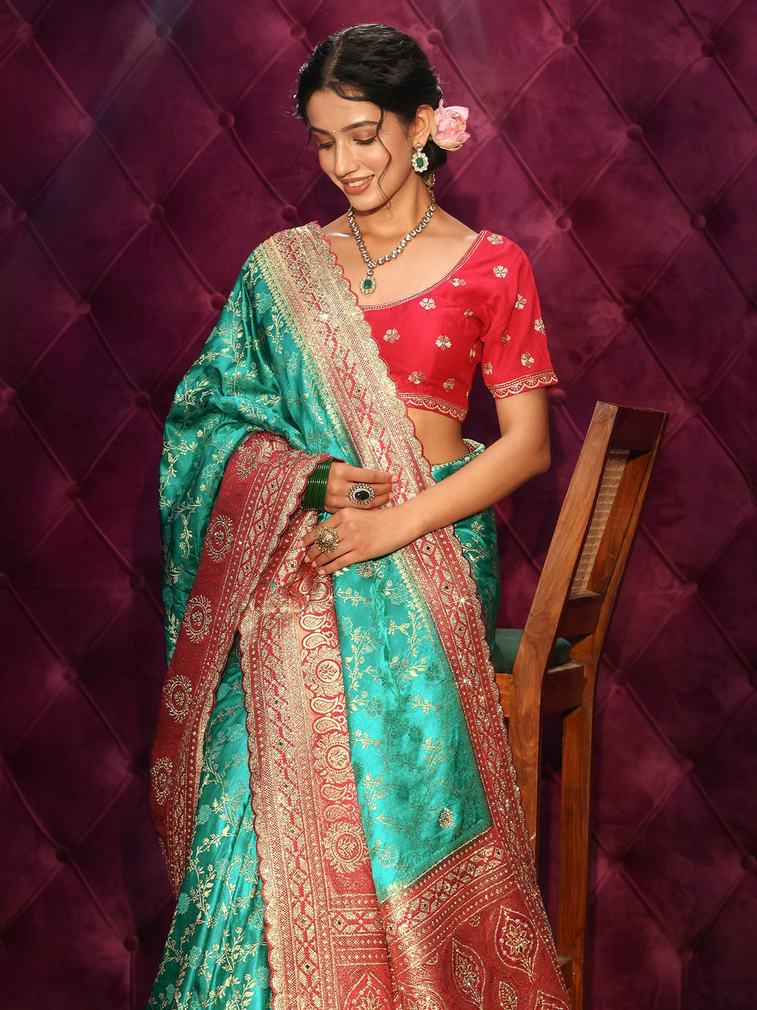Libas Art Green Floral Woven Design Satin Saree with Embellished Pallu