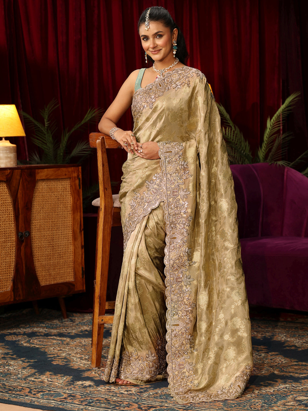 Libas Art Green Floral Woven Design Silk Blend Saree
