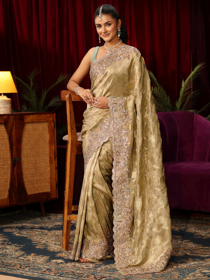Libas Art Green Floral Woven Design Silk Blend Saree