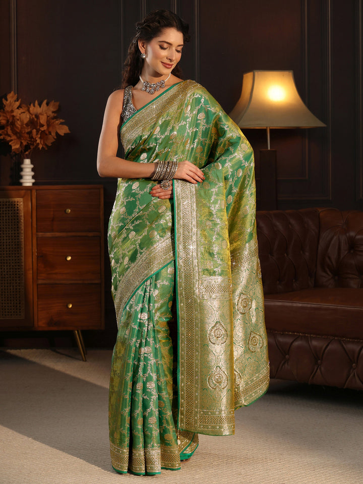 Libas Art Green Floral Woven Design Silk Blend Saree
