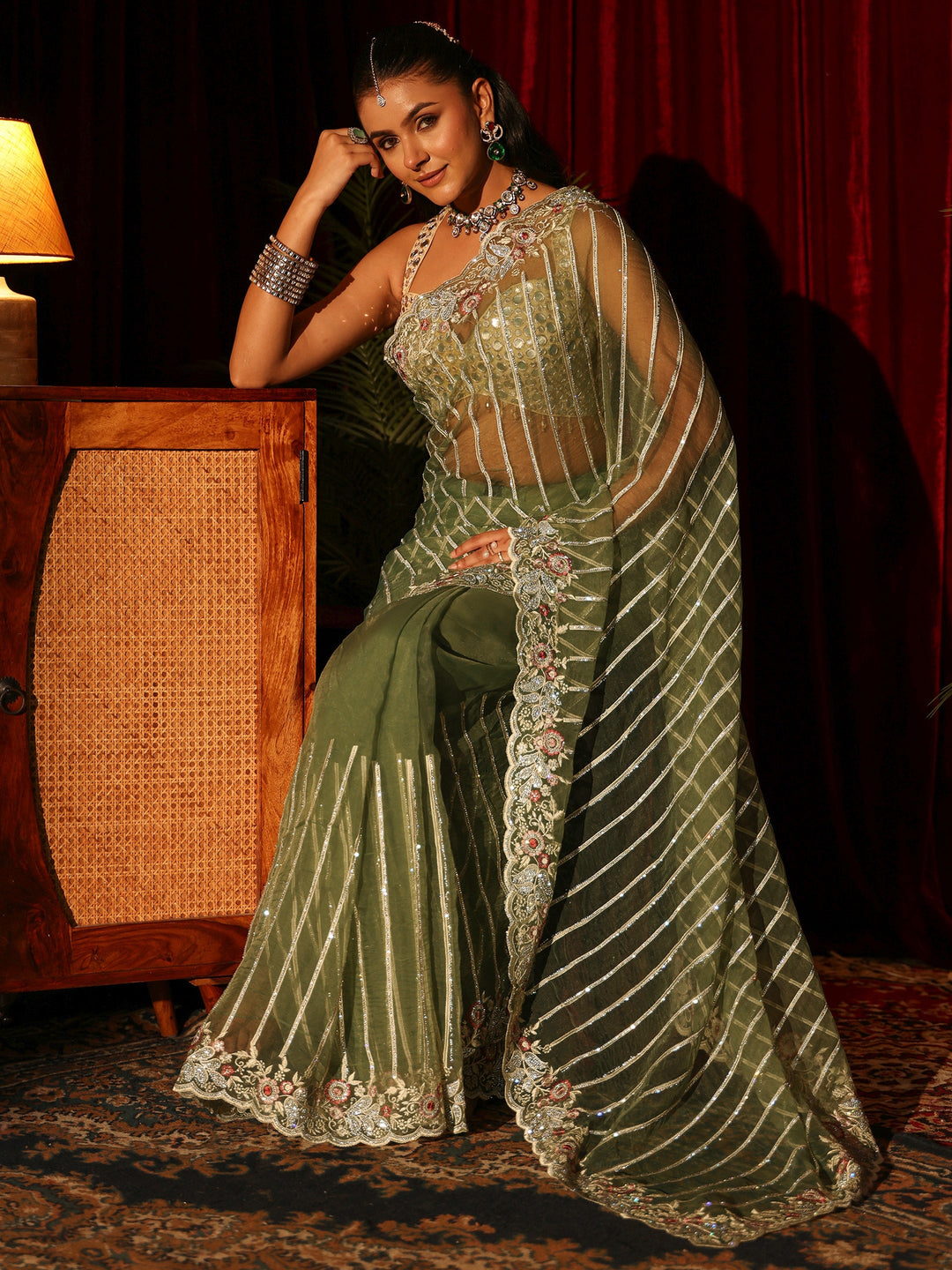 Libas Art Green Gota Striped Tissue Saree with Embroidered Border