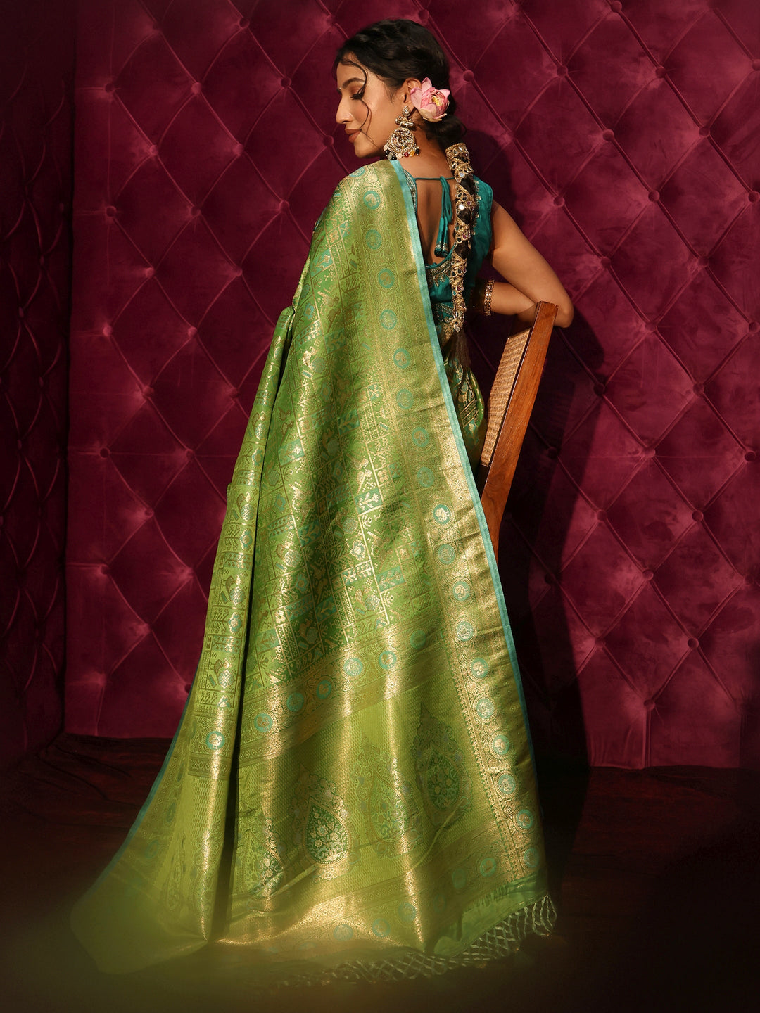 Libas Art Green Patola Style Woven Design Silk Blend Tassel Saree