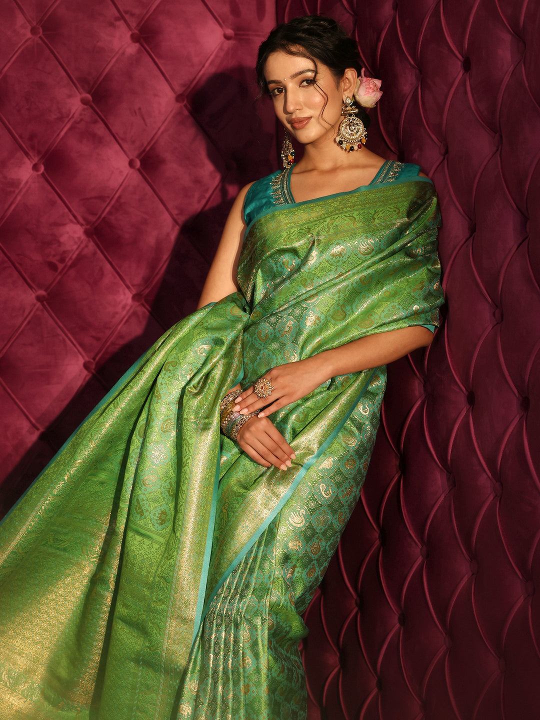 Libas Art Green Patola Style Woven Design Silk Blend Tassel Saree