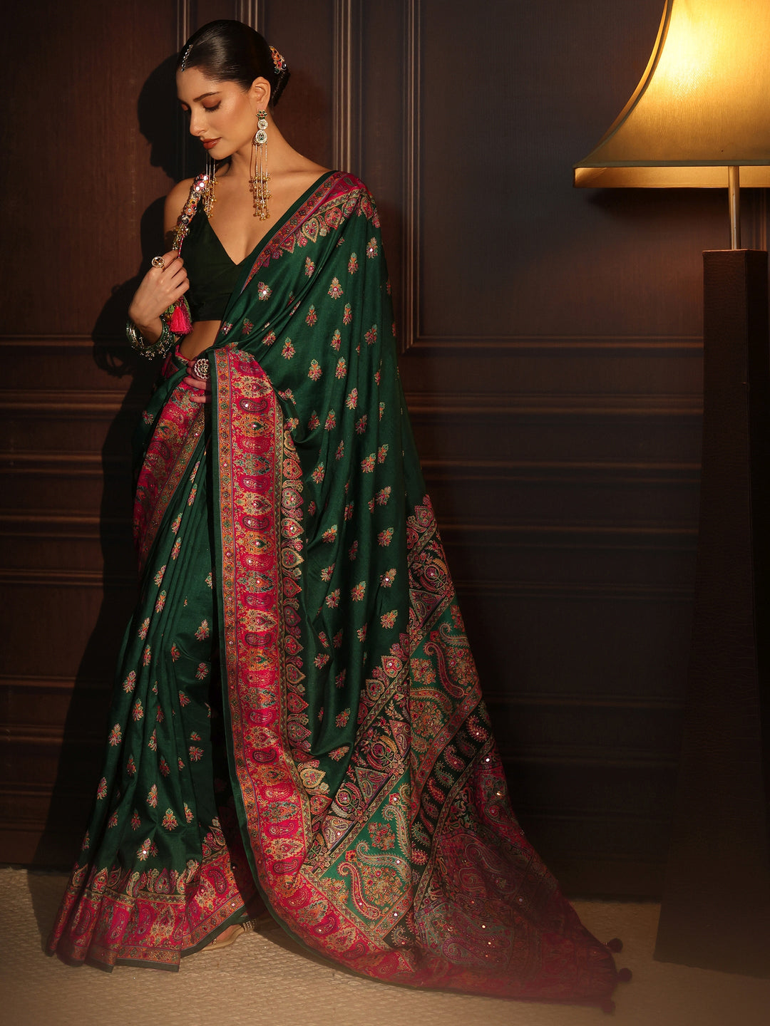 Libas Art Green Printed Silk Blend Saree with Jamawar Pallu