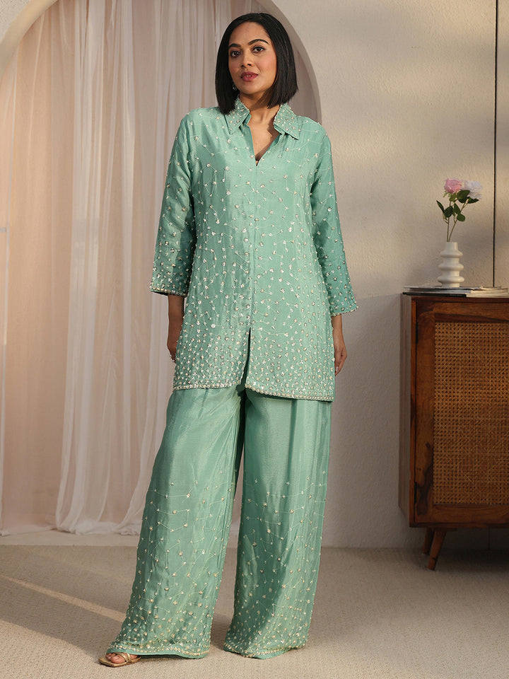 Libas Art Green Sequin Embellished Chinon Co-Ord Set