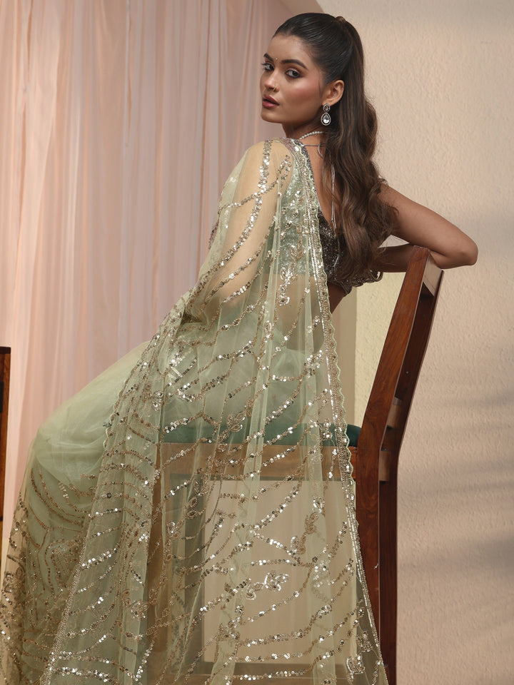 Libas Art Green Sequin Embellished Net Saree with Scalloped Border