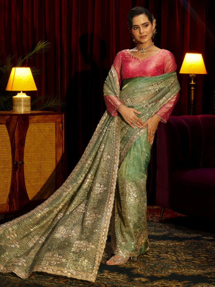 Libas Art Green Sequin Embellished Tissue Saree