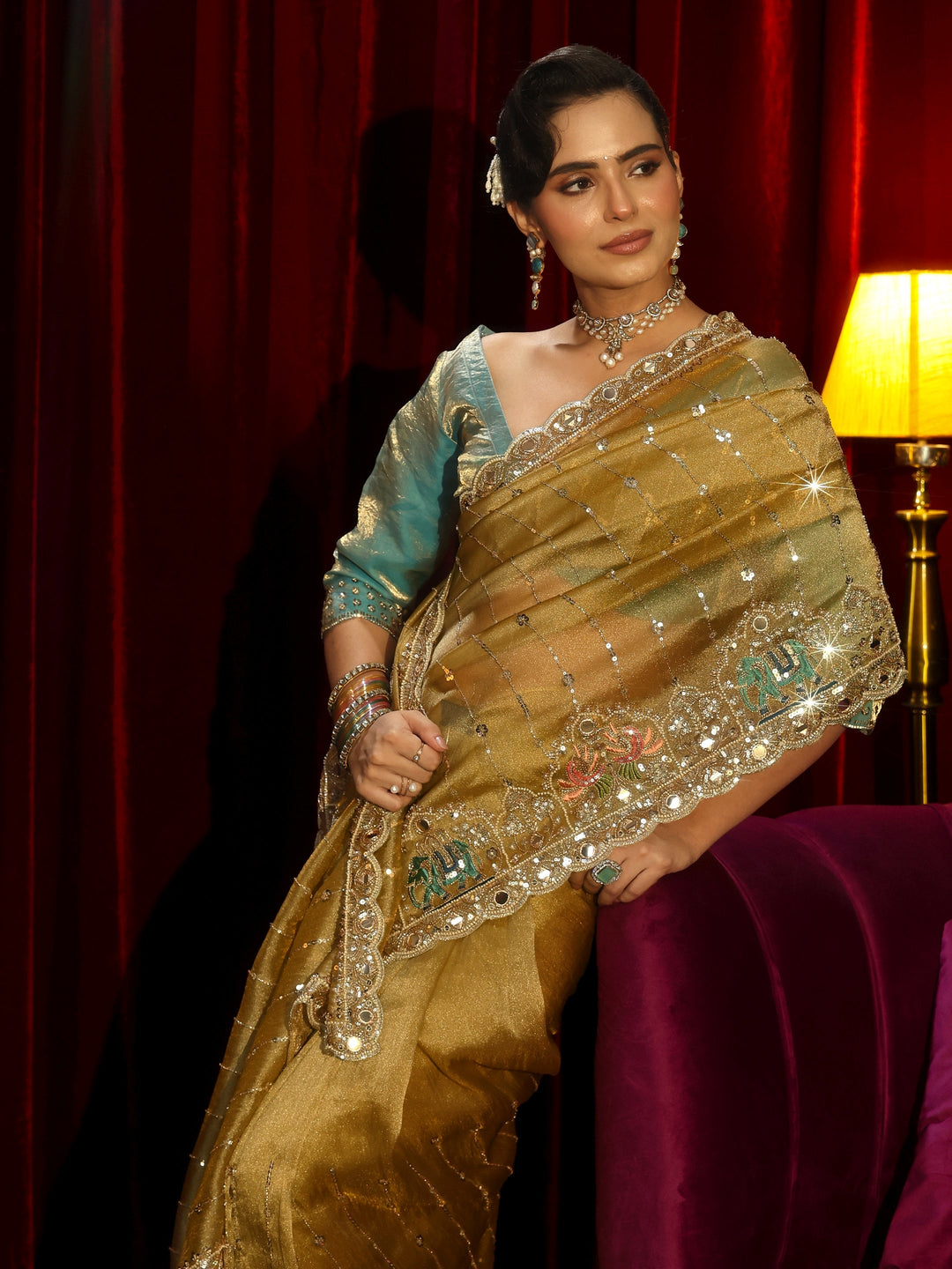 Libas Art Green Sequin Embellished Tissue Saree