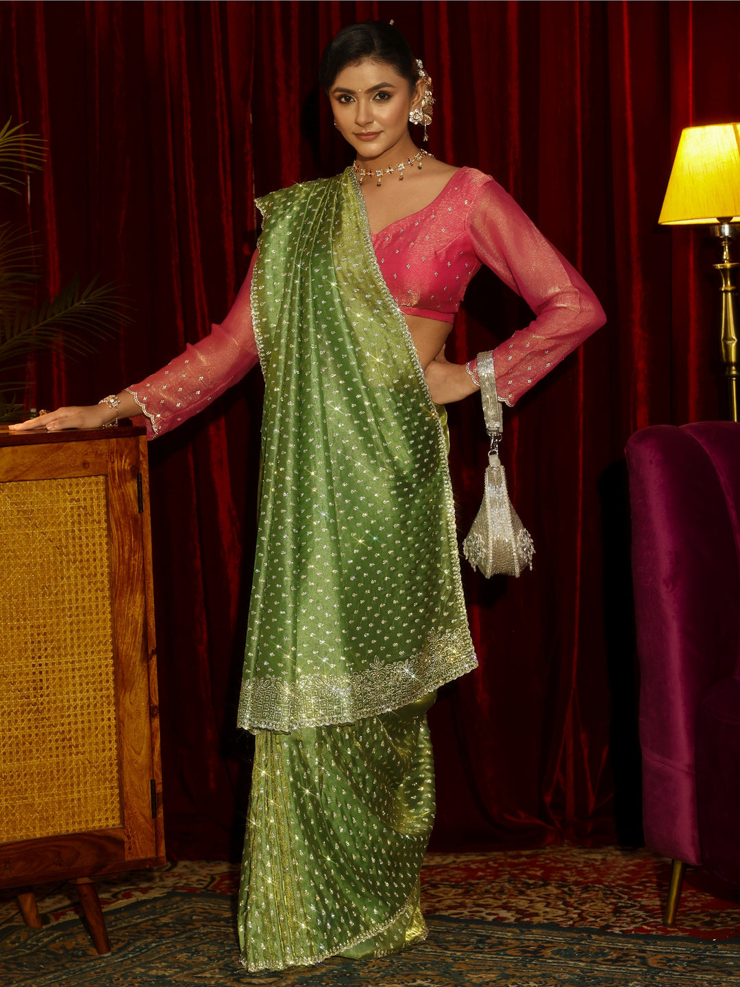 Libas Art Green Stone Work Embellished Tissue Saree