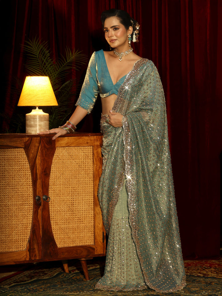 Libas Art Green Stone Work Embellished Tissue Saree