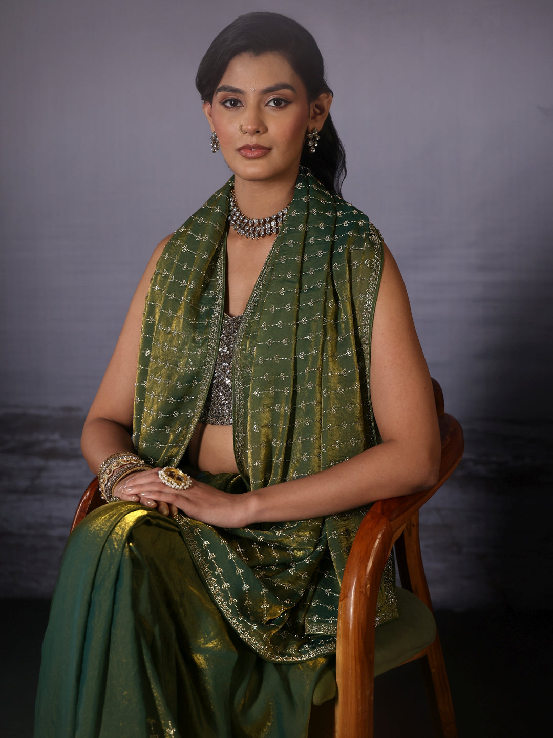 Libas Art Green Stone Work Embellished Tissue Saree