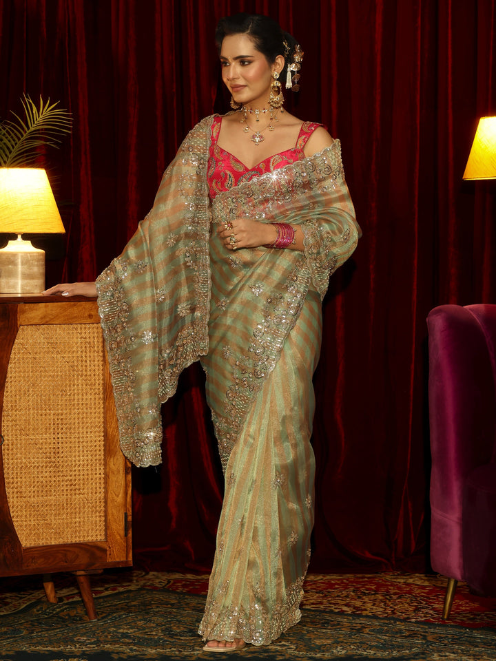 Libas Art Green Striped Sequin Embellished Tisue Saree
