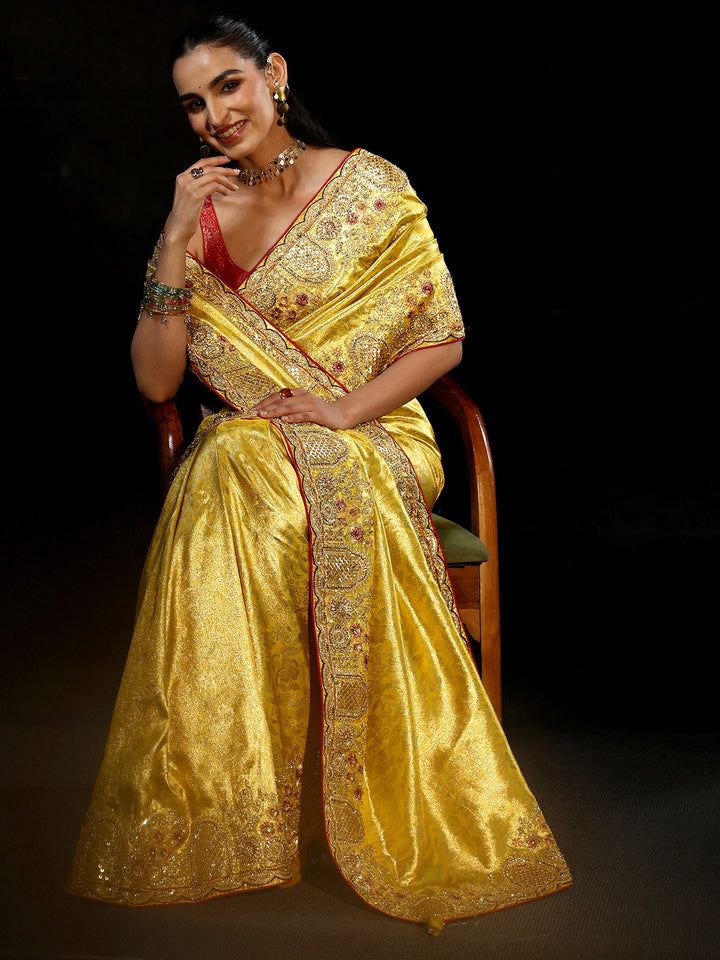 Libas Art Green Woven Design Silk Blend Saree with Embellished Border