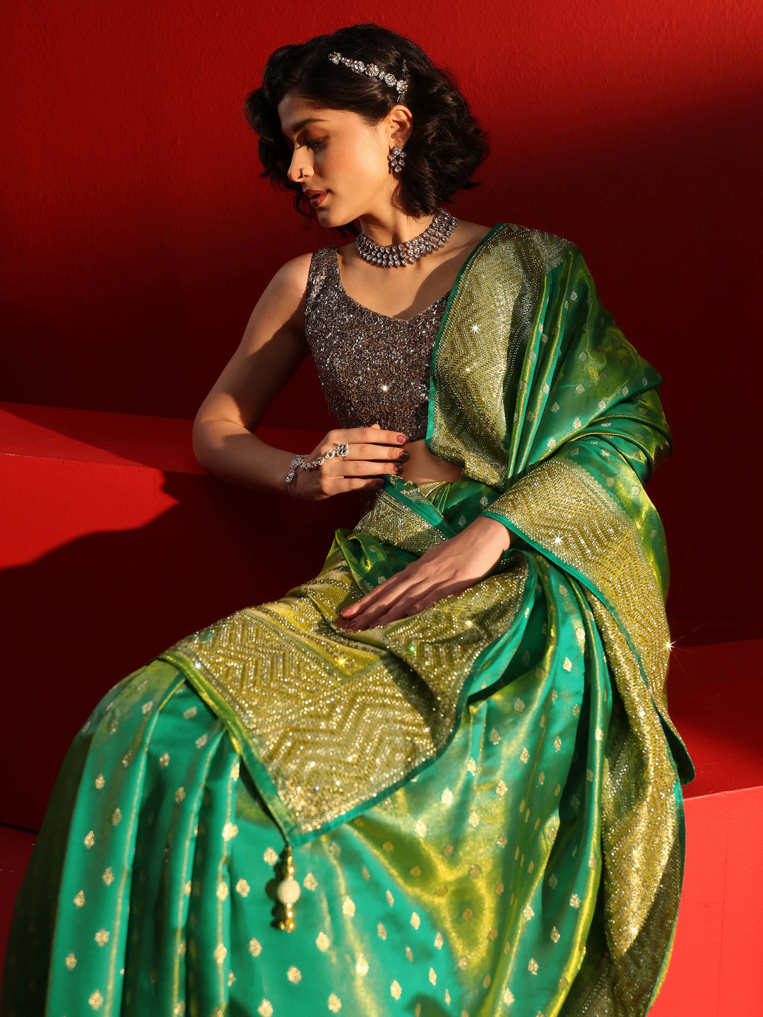 Libas Art Green Woven Design Silk Blend Saree with Embellished Border