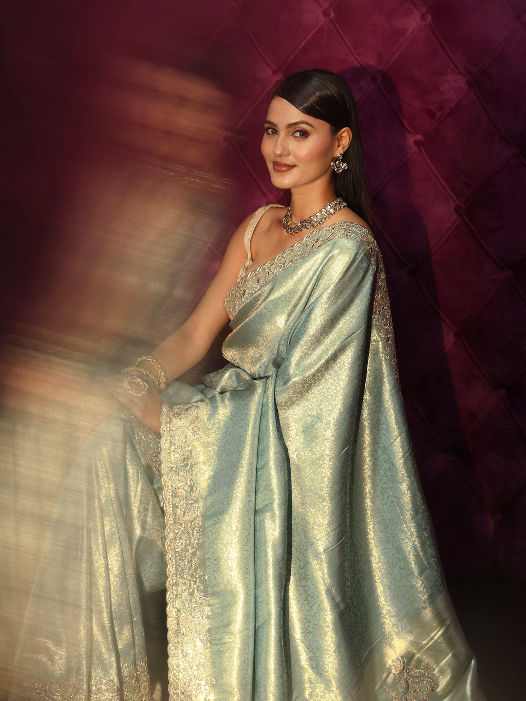 Libas Art Green Woven Design Silk Blend Saree with Embroidered Border